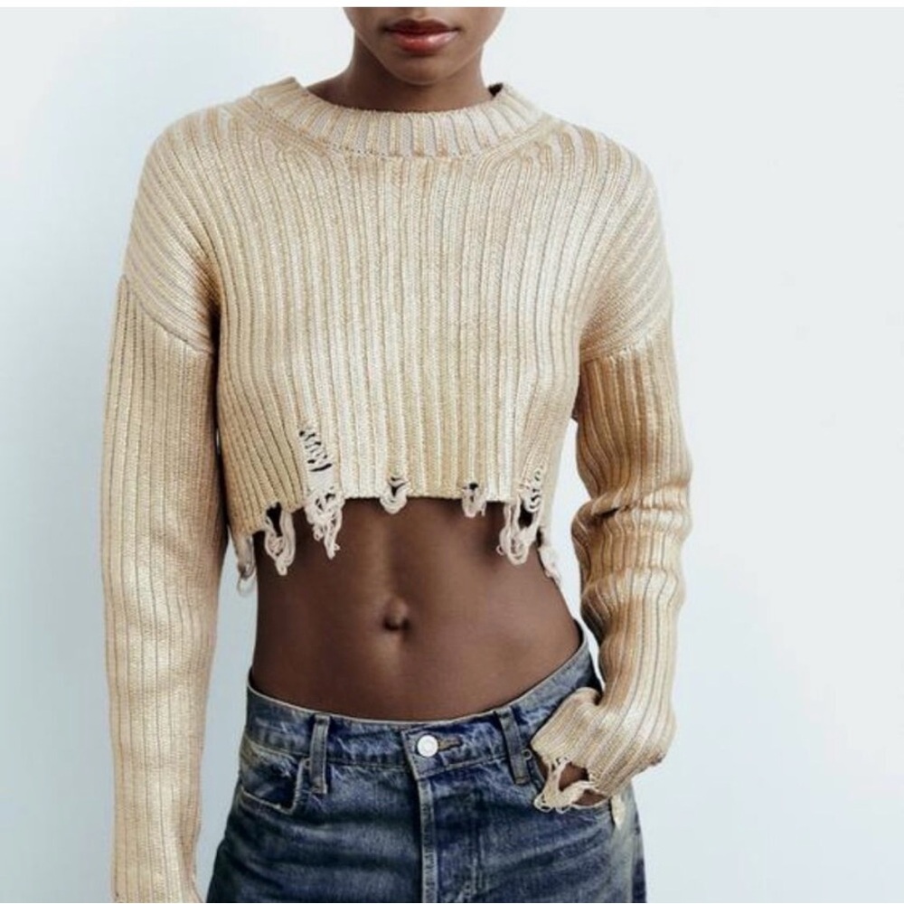 Zara Gold Ribbed Distressed Cropped Sweater